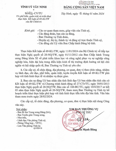 Ban Thường vụ Tỉnh uỷ chỉ đạo quán triệt và triển khai thực hiện Kết luận số 69-KL/TW của Bộ Chính trị